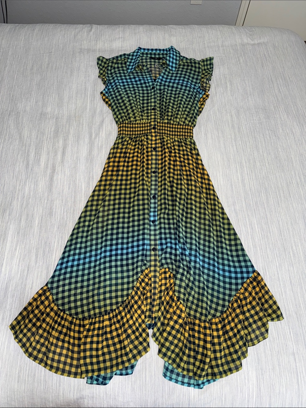 G by Giuliana Green and Yellow Ombré Gingham Ruffle Hem Midi Dress S